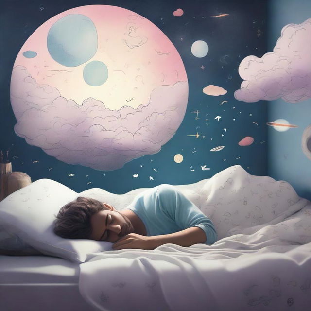 A 28-year-old man sleeping peacefully in his bed, with a thought bubble showing a mysterious dream filled with surreal landscapes and enigmatic symbols