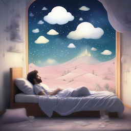 A 28-year-old man sleeping peacefully in his bed, with a thought bubble showing a mysterious dream filled with surreal landscapes and enigmatic symbols