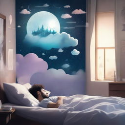 A 28-year-old man sleeping peacefully in his bed, with a thought bubble showing a mysterious dream filled with surreal landscapes and enigmatic symbols