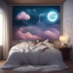 A man sleeping peacefully in his bed, with a thought bubble showing a mysterious dream filled with surreal landscapes and enigmatic symbols