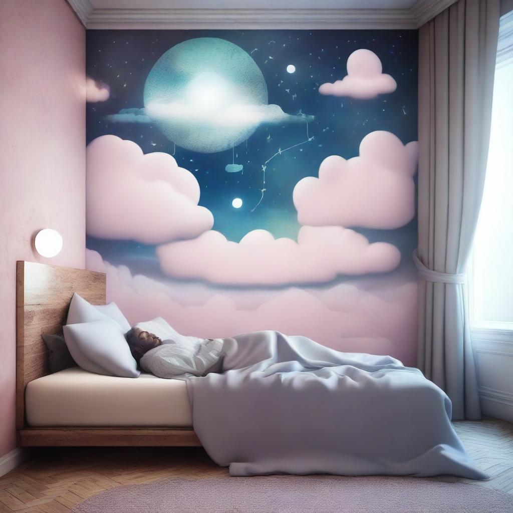 A man sleeping peacefully in his bed, with a thought bubble showing a mysterious dream filled with surreal landscapes and enigmatic symbols