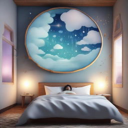 A man sleeping peacefully in his bed, with a thought bubble showing a mysterious dream filled with surreal landscapes and enigmatic symbols