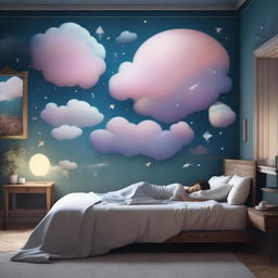 A man sleeping peacefully in his bed, with a thought bubble showing a mysterious dream filled with surreal landscapes and enigmatic symbols