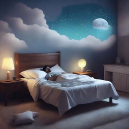 A man sleeping peacefully in his bed, with a thought bubble showing a mysterious dream filled with surreal landscapes and enigmatic symbols