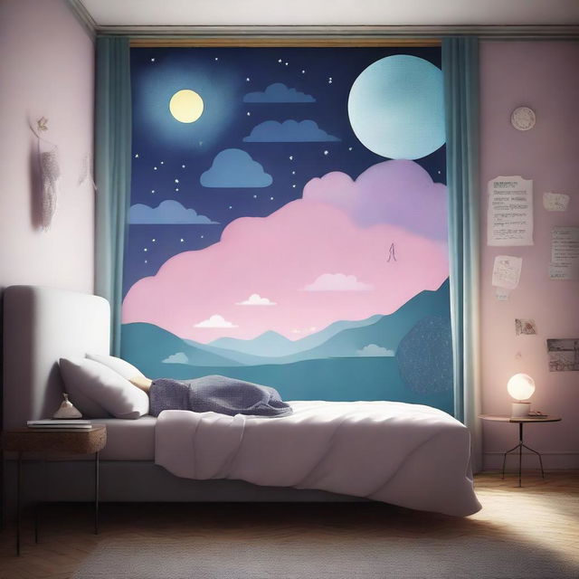 A man sleeping peacefully in his bed, with a thought bubble showing a mysterious dream filled with surreal landscapes and enigmatic symbols