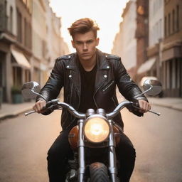 A rebellious young man dressed in leather jacket, riding a vintage motorcycle on a city street at sunset