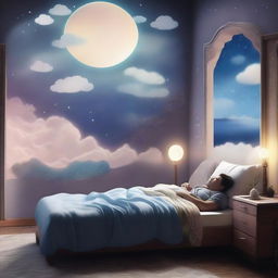 A man sleeping peacefully in his bed, with a thought bubble showing a mysterious dream filled with surreal landscapes and enigmatic symbols