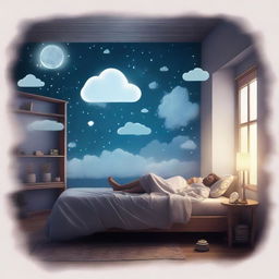 A man sleeping peacefully in his bed, with a thought bubble showing a mysterious dream filled with surreal landscapes and enigmatic symbols