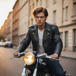 A rebellious young man dressed in leather jacket, riding a vintage motorcycle on a city street at sunset