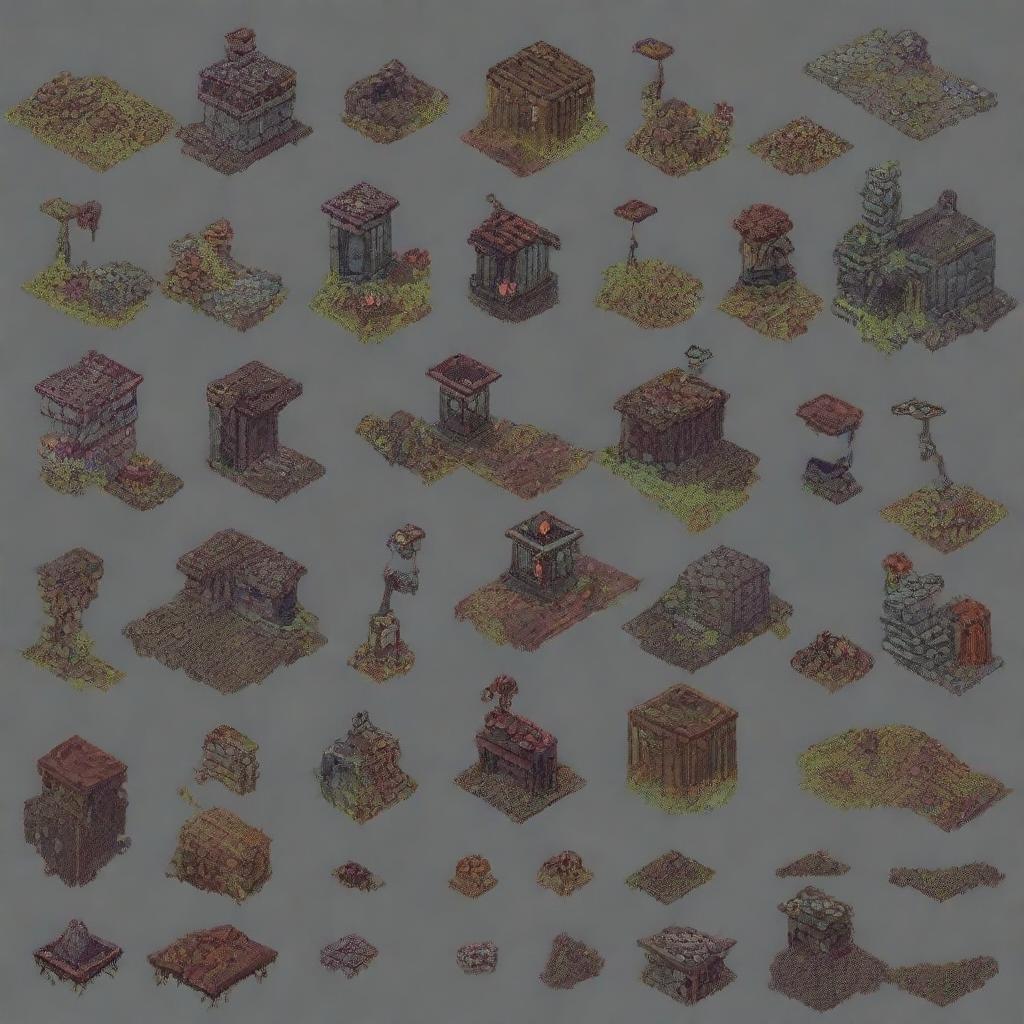 Create a 64x64 pixel art tileset for a 2D post-apocalyptic game