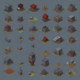 Create a 64x64 pixel art tileset for a 2D post-apocalyptic game