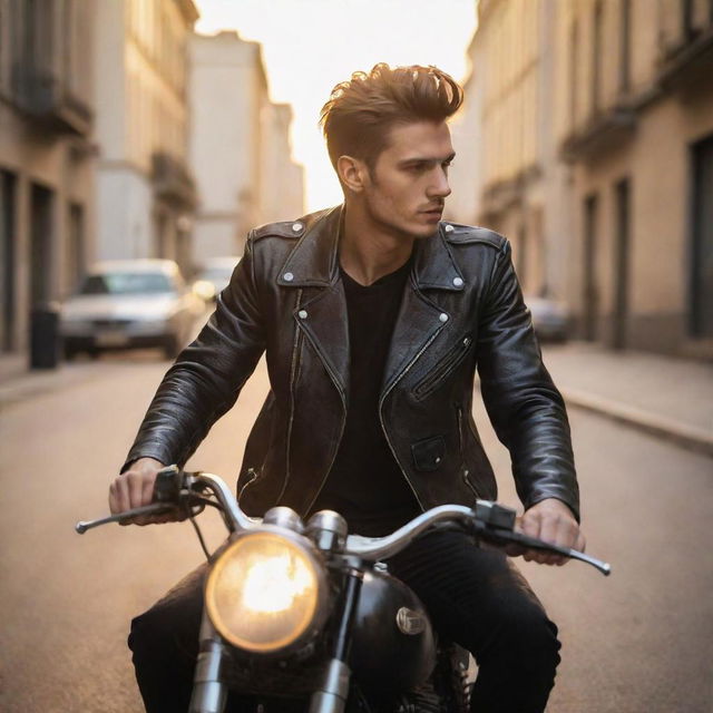 A rebellious young man dressed in leather jacket, riding a vintage motorcycle on a city street at sunset