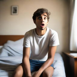 A 26-year-old boy sitting on his bed, looking shocked