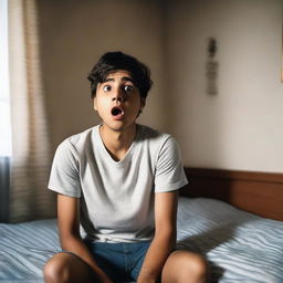 A 26-year-old boy sitting on his bed, looking shocked