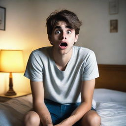 A 26-year-old boy sitting on his bed, looking shocked