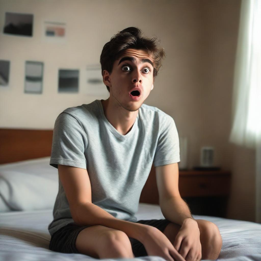 A 26-year-old boy sitting on his bed, looking shocked