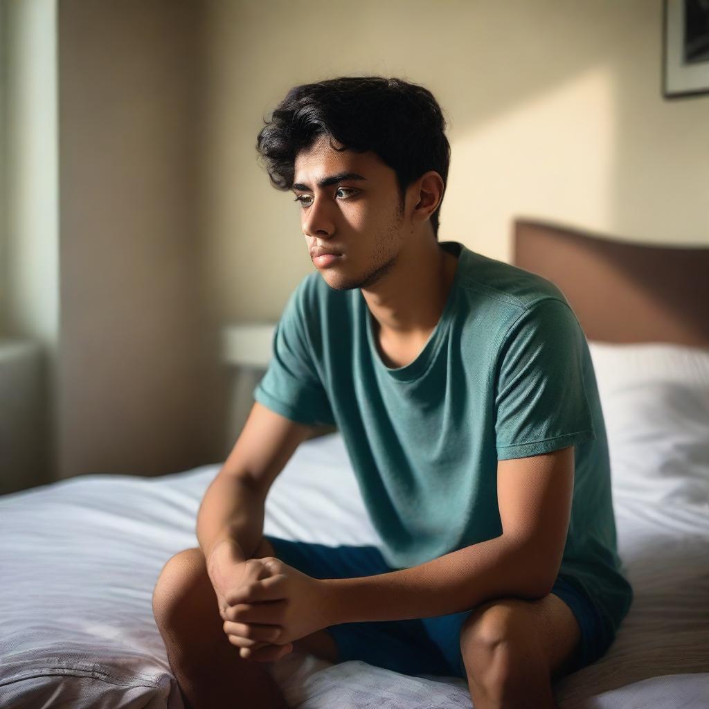 A 26-year-old boy sitting on his bed, looking sleepy and deep in thought