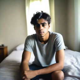 A 26-year-old boy sitting on his bed, looking sleepy and deep in thought