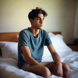 A 26-year-old boy sitting on his bed, looking sleepy and deep in thought