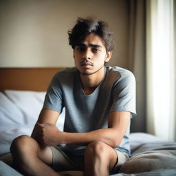 A 26-year-old boy sitting on his bed, looking sleepy and deep in thought