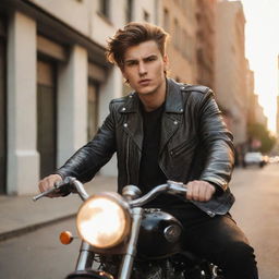 A rebellious young man dressed in leather jacket, riding a vintage motorcycle on a city street at sunset