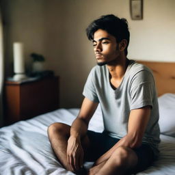 A full picture of a 26-year-old boy sitting on his bed, looking sleepy and deep in thought, viewed from the front