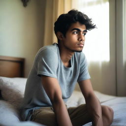 A full picture of a 26-year-old boy sitting on his bed, looking sleepy and deep in thought, viewed from the front