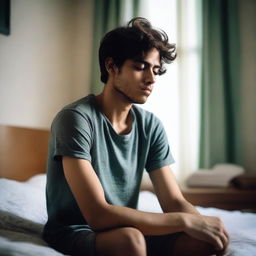 A full picture of a 26-year-old boy sitting on his bed, looking sleepy and deep in thought, viewed from the front