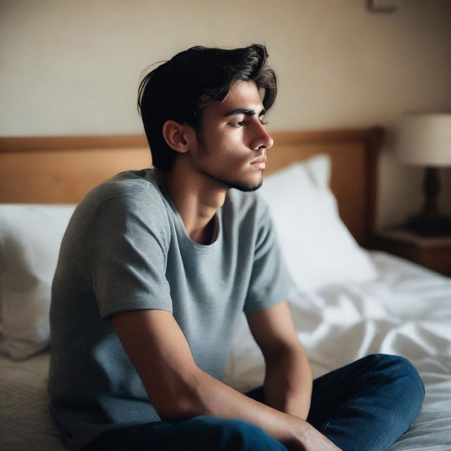 A full picture of a 26-year-old boy sitting on his bed, looking sleepy and deep in thought, viewed from the front