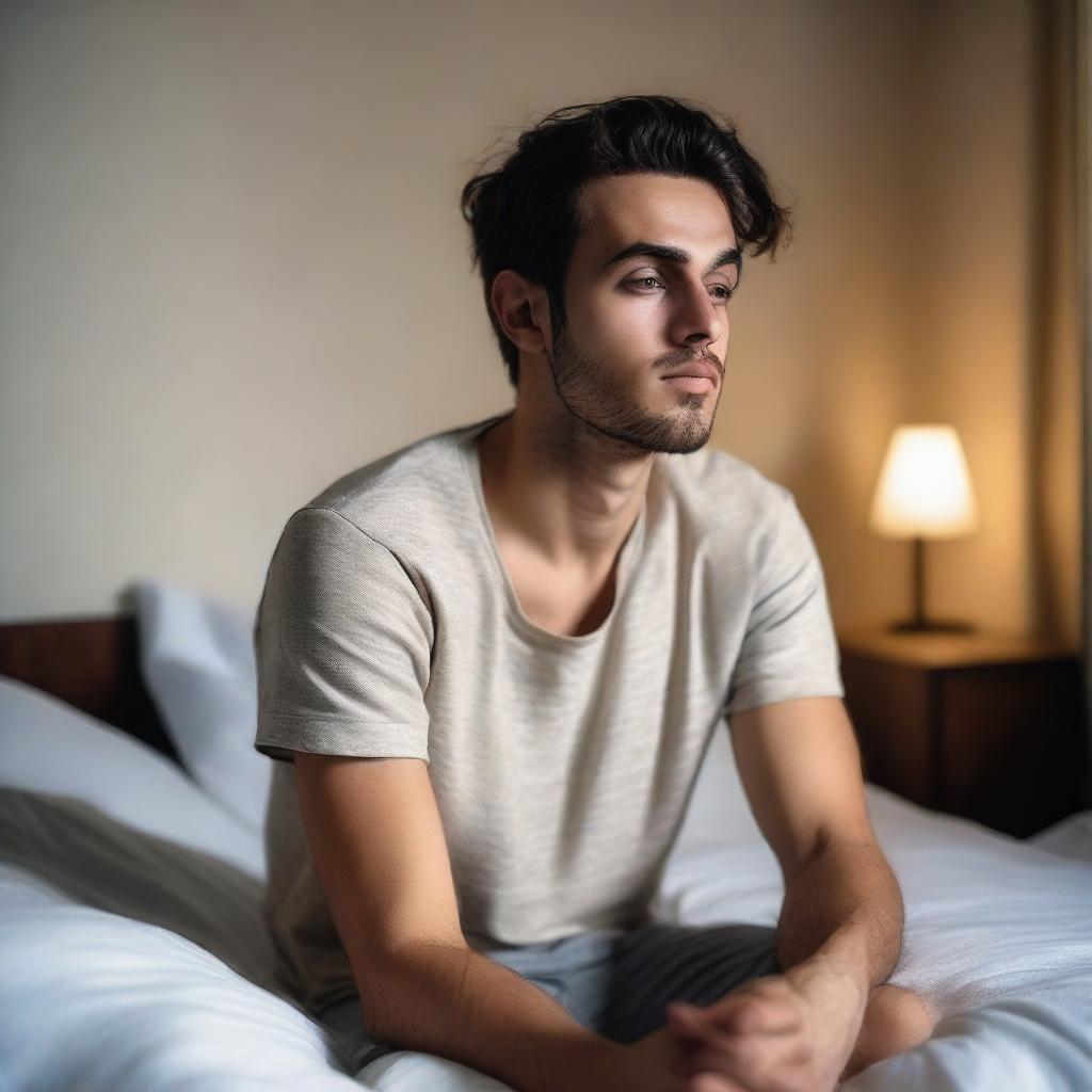 A sleepy 26-year-old man sitting on his bed, thinking deeply