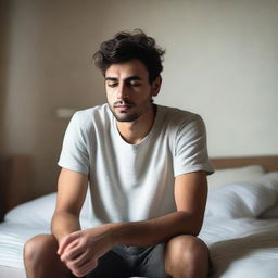 A sleepy 26-year-old man sitting on his bed, thinking deeply