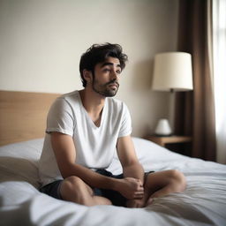 A sleepy 26-year-old man sitting on his bed, thinking deeply