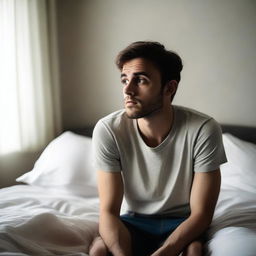 A sleepy 26-year-old man sitting on his bed, thinking deeply