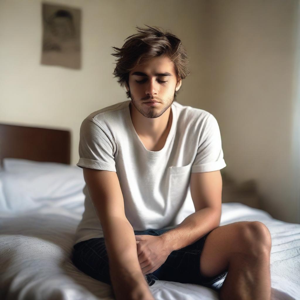 A full picture of a sleepy 26-year-old boy sitting on his bed, thinking deeply, with his legs visible from the front