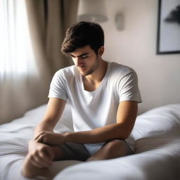 A full picture of a sleepy 26-year-old boy sitting on his bed, thinking deeply, with his legs visible from the front