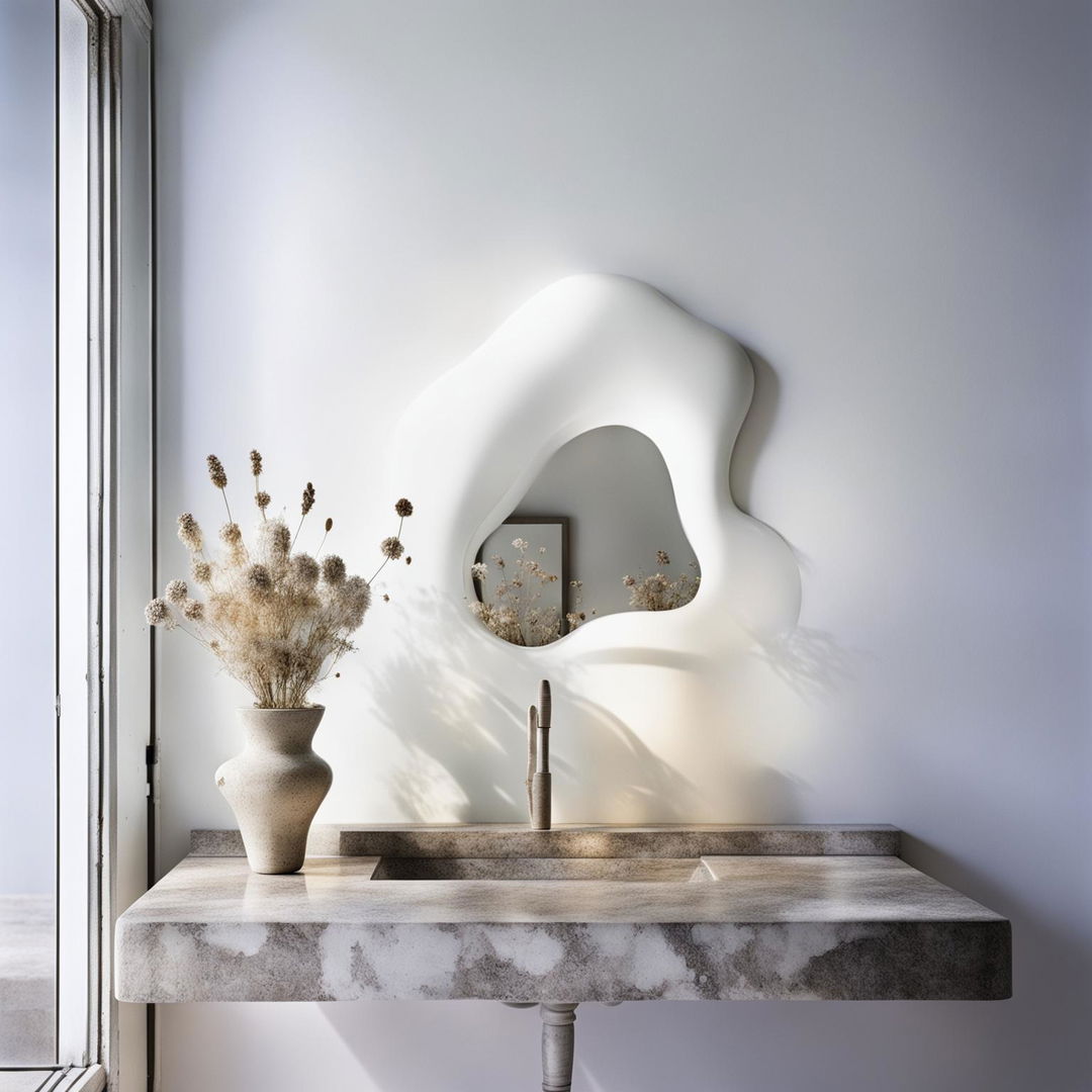 A tranquil bathroom with clean white plaster wall, dainty stone vanity, organic-shaped mirror, vase with dried flowers under gentle lighting in an architectural elevation.