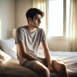 A full picture of a sleepy 26-year-old boy sitting on his bed, thinking deeply, with his legs visible from the front