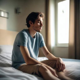 A full picture of a sleepy 26-year-old boy sitting on his bed, thinking deeply, with his legs visible from the front