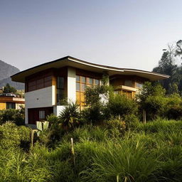 A simple yet elegant two-story 45x30 house based in the hilly area of Sikkim, India. The house design showcases traditional Indian influences combined with modern simplicity that blends harmoniously with the natural surroundings.