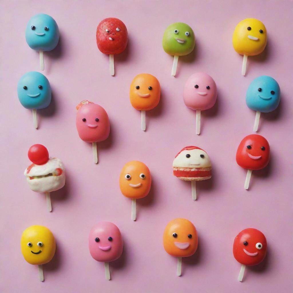 Illustrate a group of anthropomorphic sweets, each designed with vibrant colors and unique features reflecting their candy type, living in a human-like society.