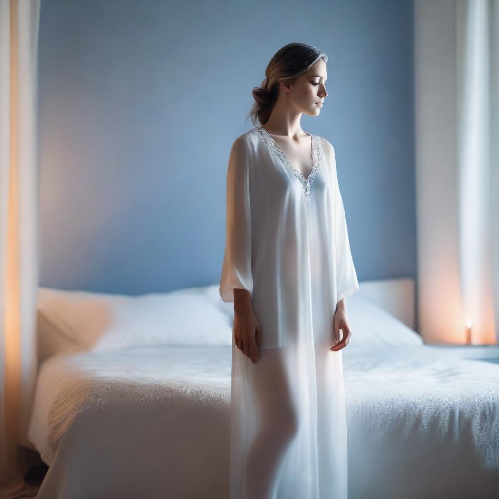 A beautiful glowing figure dressed in all white, silver, and blue garments, with a gentle orange aura surrounding them, standing at the foot of a bed