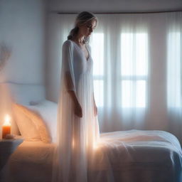 A beautiful glowing figure dressed in all white, silver, and blue garments, with a gentle orange aura surrounding them, standing at the foot of a bed