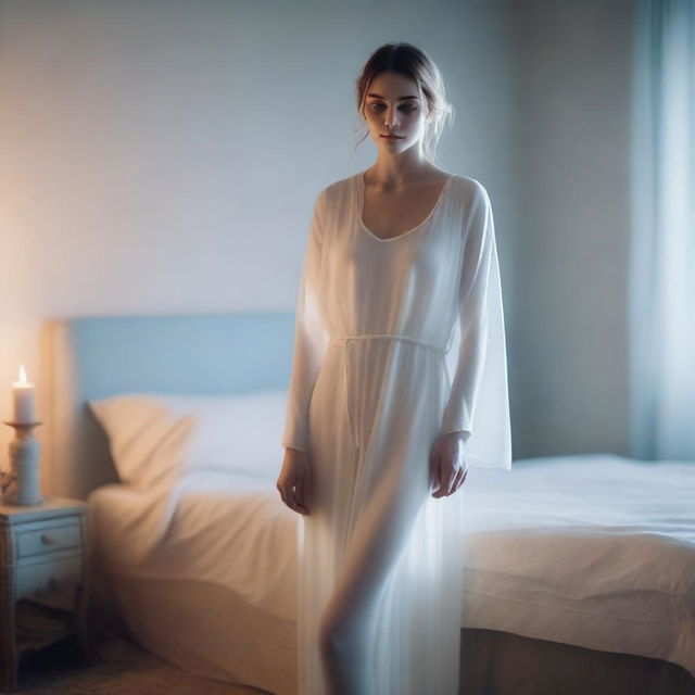 A beautiful glowing figure dressed in all white, silver, and blue garments, with a gentle orange aura surrounding them, standing at the foot of a bed