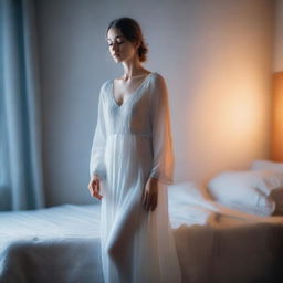 A beautiful glowing figure dressed in all white, silver, and blue garments, with a gentle orange aura surrounding them, standing at the foot of a bed