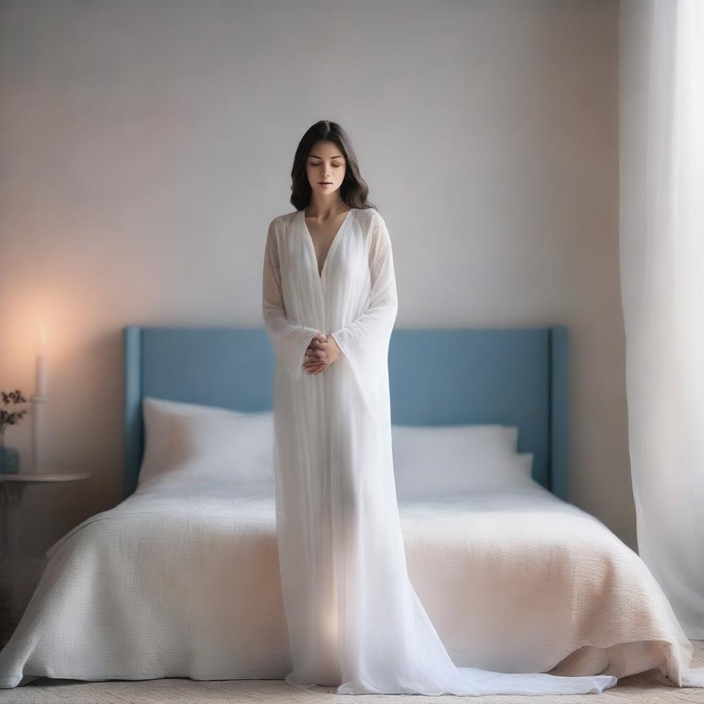 A beautiful glowing figure dressed in all white, silver, and blue garments, with a gentle orange aura surrounding them, standing at the foot of a bed