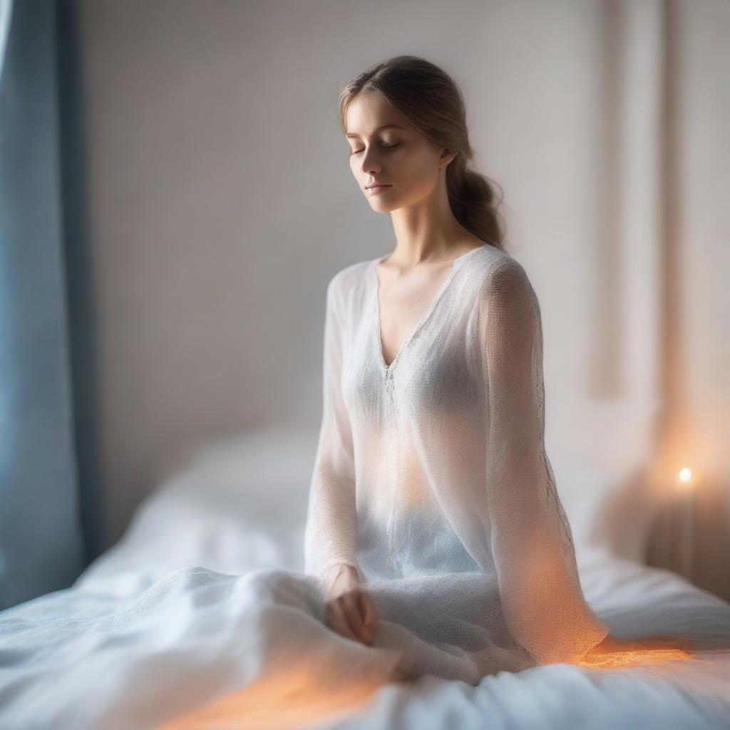 A beautiful glowing figure dressed in all white, silver, and blue garments, with a gentle orange aura surrounding them, standing at the foot of a bed