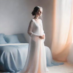 A beautiful glowing figure dressed in all white, silver, and blue garments, with a gentle orange aura surrounding them, standing at the foot of a bed