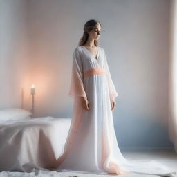 A beautiful glowing figure dressed in all white, silver, and blue garments, with a gentle orange aura surrounding them, standing at the foot of a bed