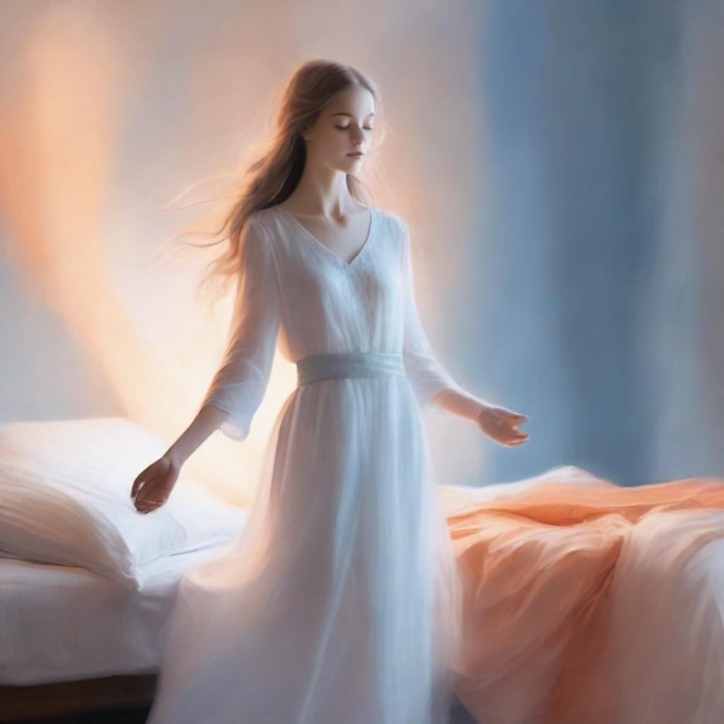 A beautiful glowing figure dressed in white, silver, and blue garments, with a gentle orange aura surrounding them, standing at the foot of a bed