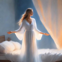 A beautiful glowing figure dressed in white, silver, and blue garments, with a gentle orange aura surrounding them, standing at the foot of a bed